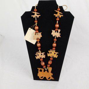 Handmade Wooden Train Engine Caboose Bead Necklace Leather Tie Alder Mill Fun